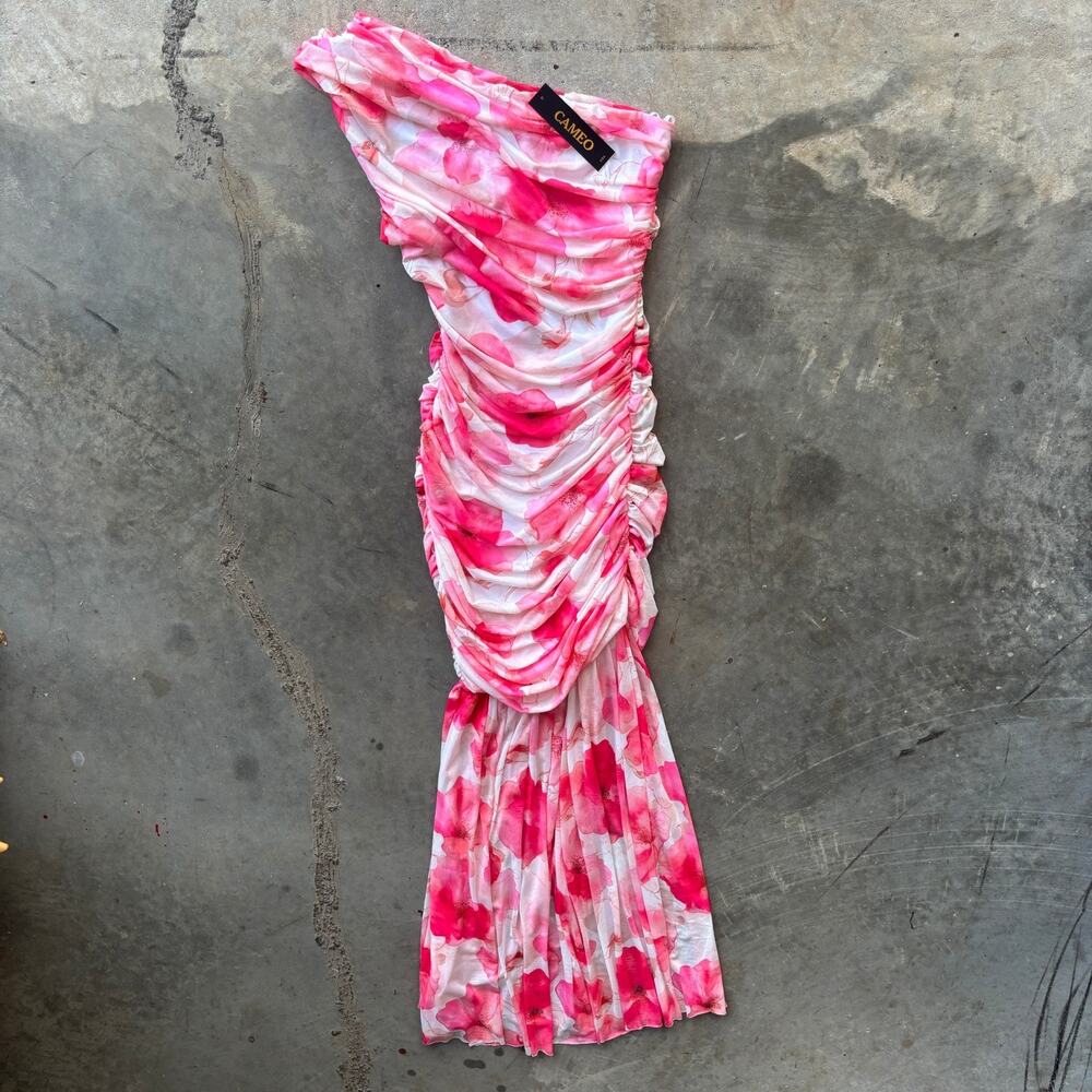 Cameo Ruched Mesh One Shoulder Maxi Dress Women's L Fuschia Floral Print